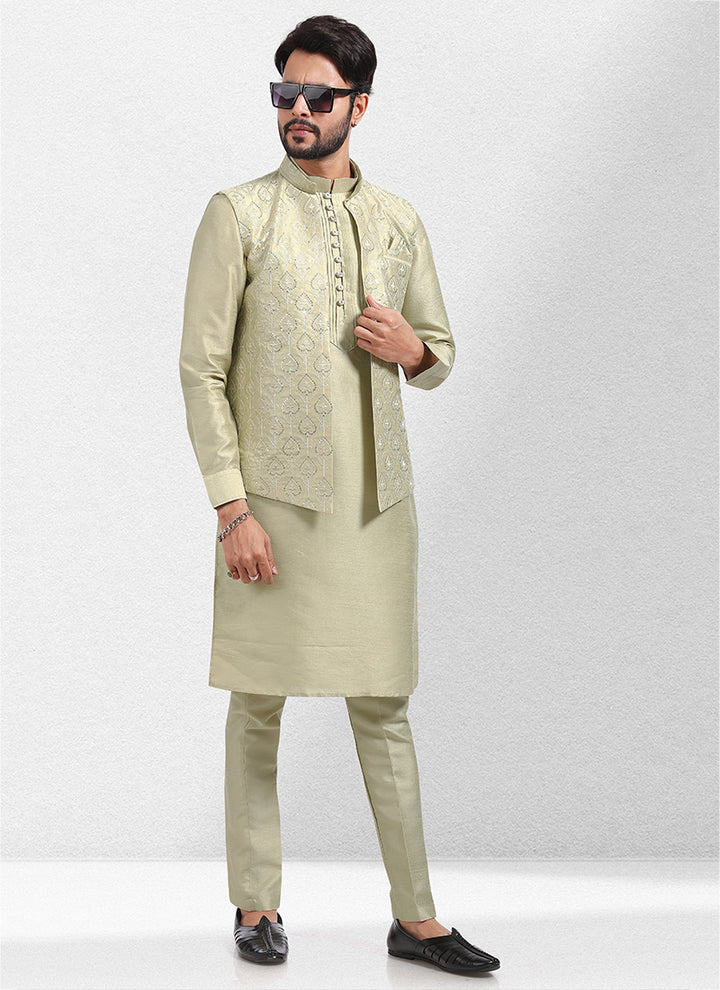 Pista green Art Silk Festival Wear Thread Work Kurta Pajama With Jacket