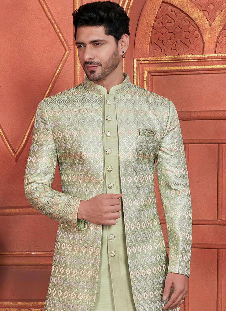 Art Silk Pista Green Wedding Wear Computer Thread Work 2 Pcs Attech Jacket Set