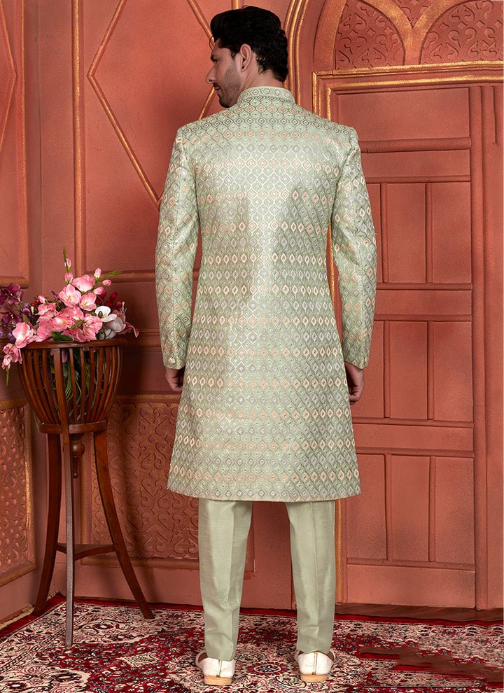 Art Silk Pista Green Wedding Wear Computer Thread Work 2 Pcs Attech Jacket Set