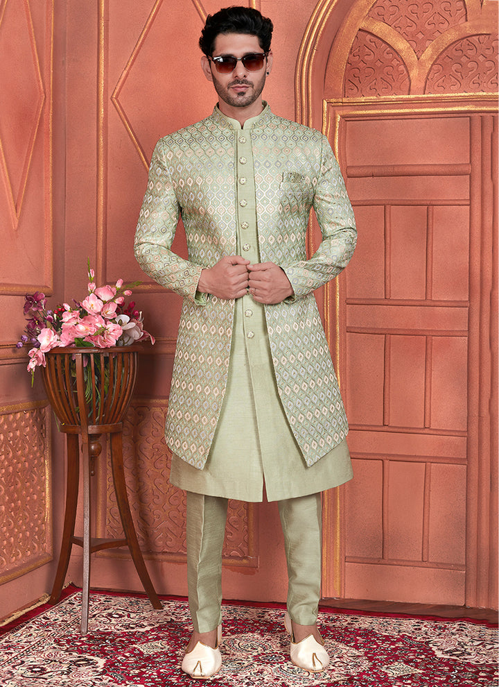 Art Silk Pista Green Wedding Wear Computer Thread Work 2 Pcs Attech Jacket Set