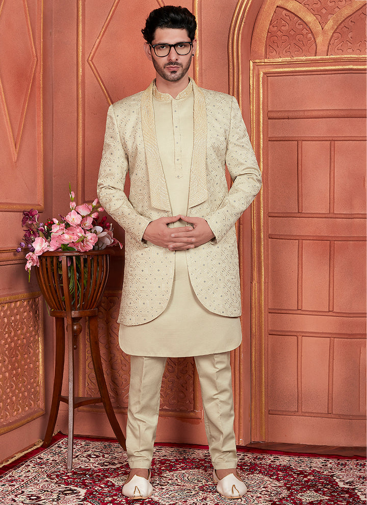 Art Silk Pista Green Wedding Wear Computer Thread Work 3 Pcs Jacket Set