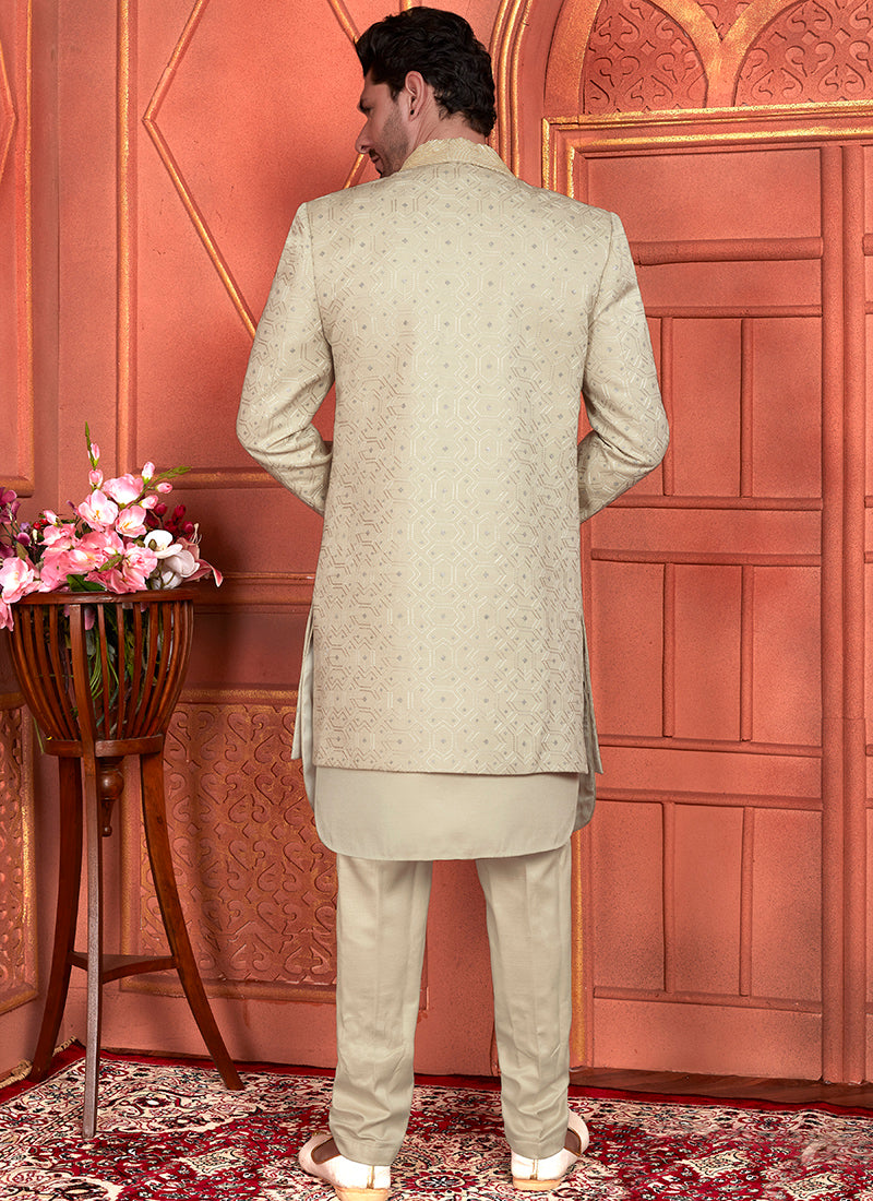 Art Silk Pista Green Wedding Wear Computer Thread Work 3 Pcs Jacket Set