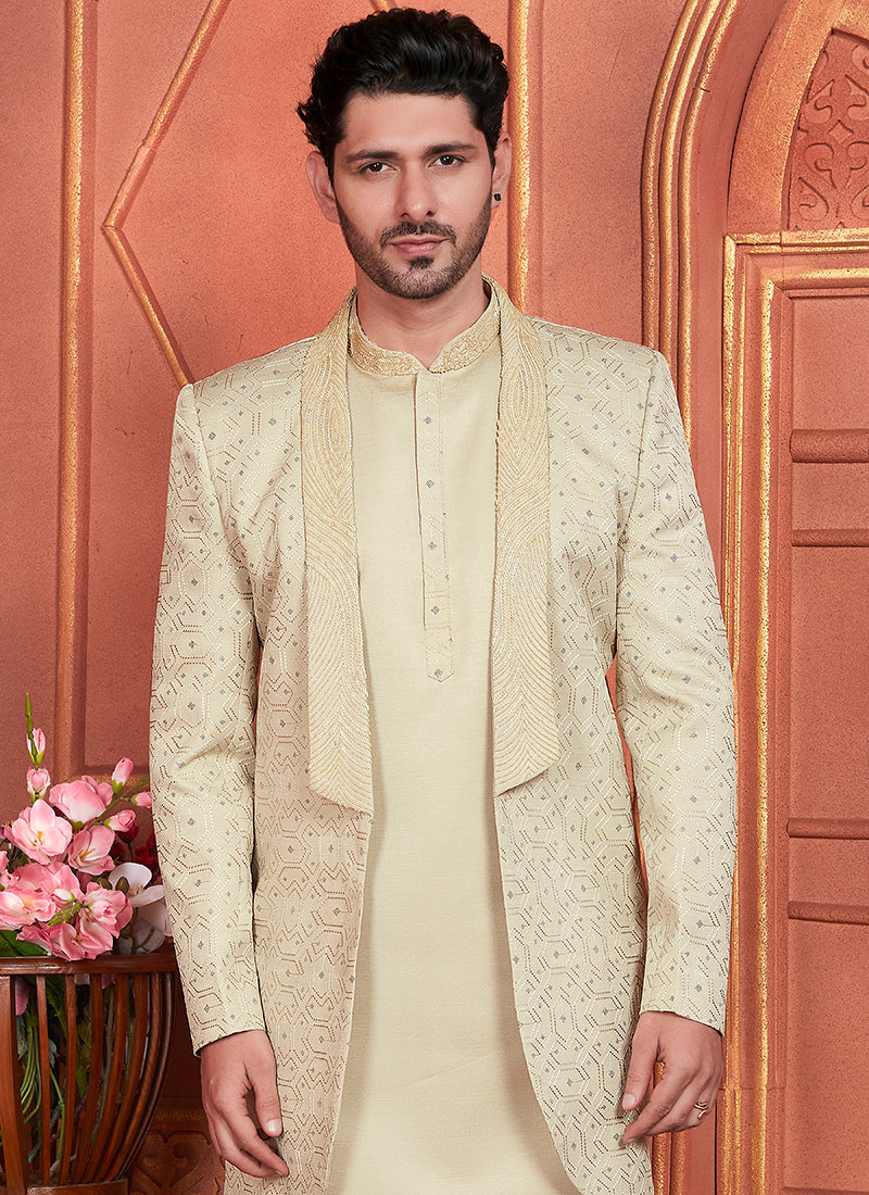 Art Silk Pista Green Wedding Wear Computer Thread Work 3 Pcs Jacket Set