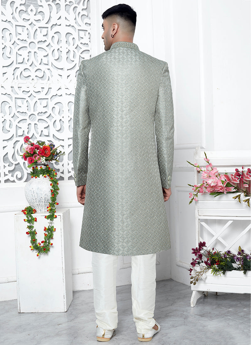 Art Silk Pista Green Wedding Wear Computer Thread Work Mens Sherwani