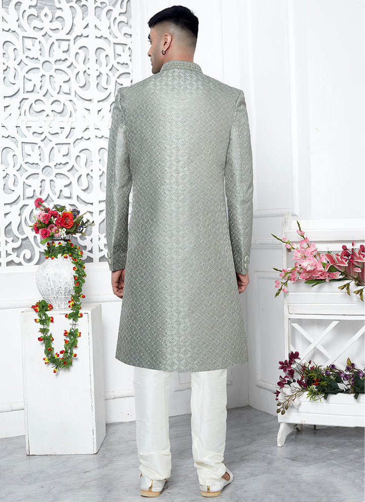 Art Silk Pista Green Wedding Wear Computer Thread Work Mens Sherwani