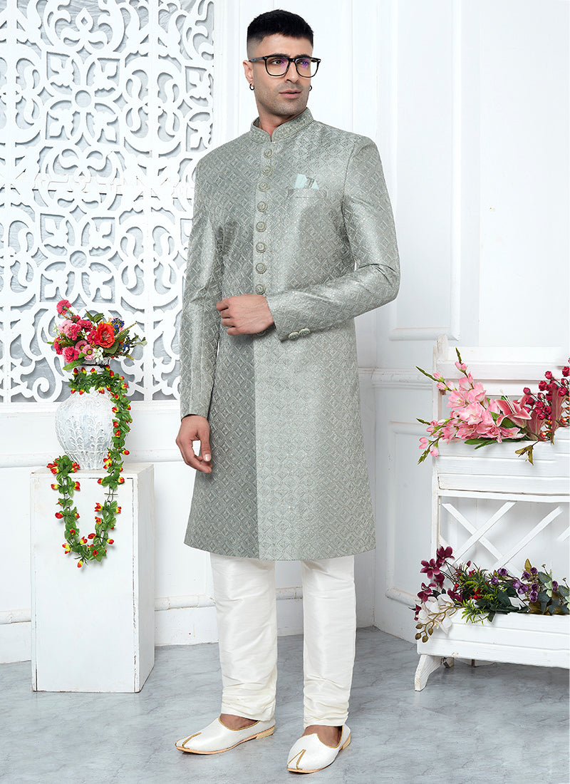 Art Silk Pista Green Wedding Wear Computer Thread Work Mens Sherwani