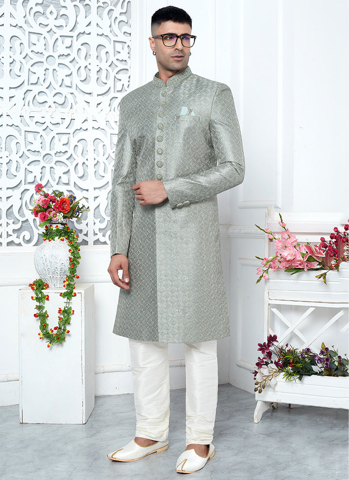 Art Silk Pista Green Wedding Wear Computer Thread Work Mens Sherwani
