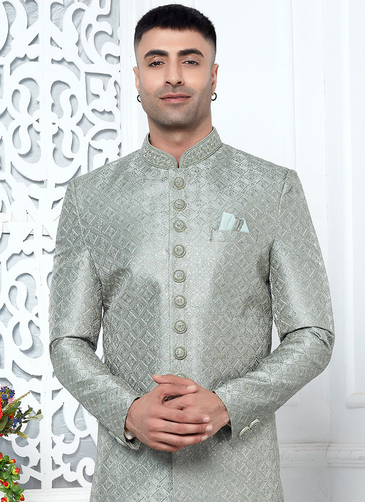 Art Silk Pista Green Wedding Wear Computer Thread Work Mens Sherwani