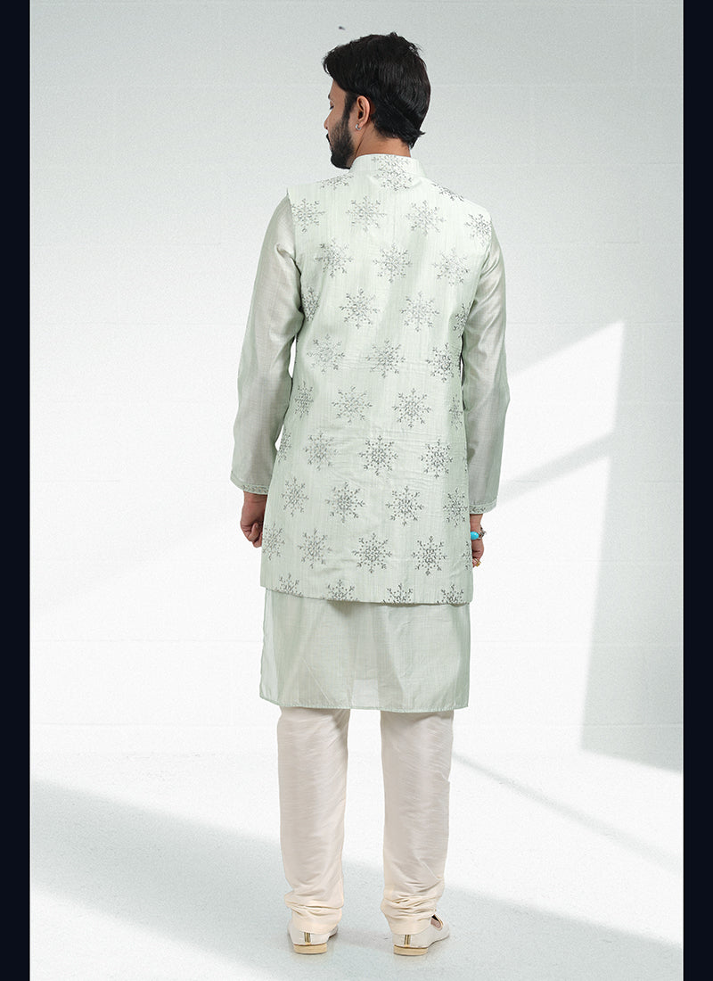 Pista green Banarasi Silk Festival Wear Jacquard Kurta Pajama With Jacket