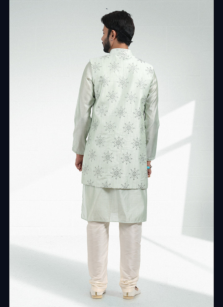 Pista green Banarasi Silk Festival Wear Jacquard Kurta Pajama With Jacket