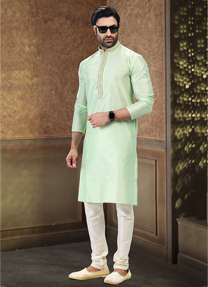 Pista green Jacquard Art Silk Festival Wear Thread Work Kurta Pajama