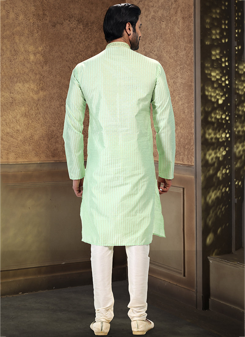 Pista green Jacquard Art Silk Festival Wear Thread Work Kurta Pajama