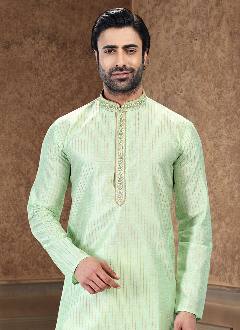 Pista green Jacquard Art Silk Festival Wear Thread Work Kurta Pajama
