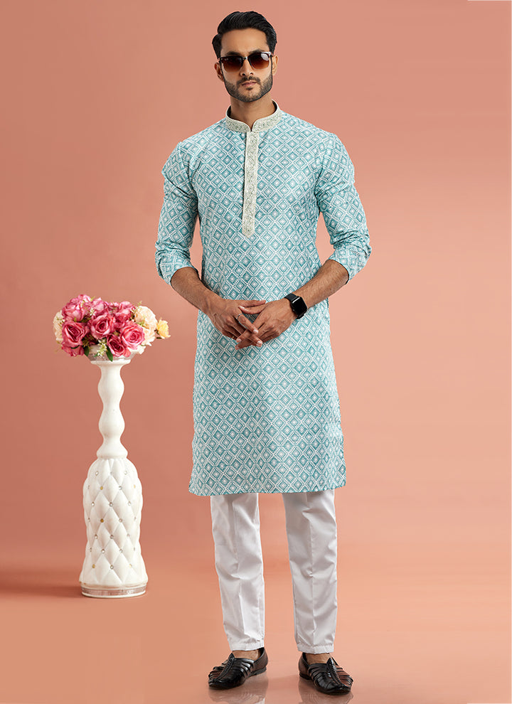 Art Cotton Silk Pista Green Traditional Wear Thread Work Kurta Pajama