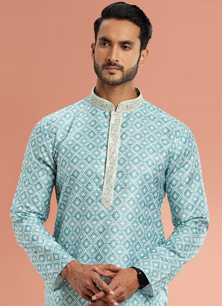 Art Cotton Silk Pista Green Traditional Wear Thread Work Kurta Pajama