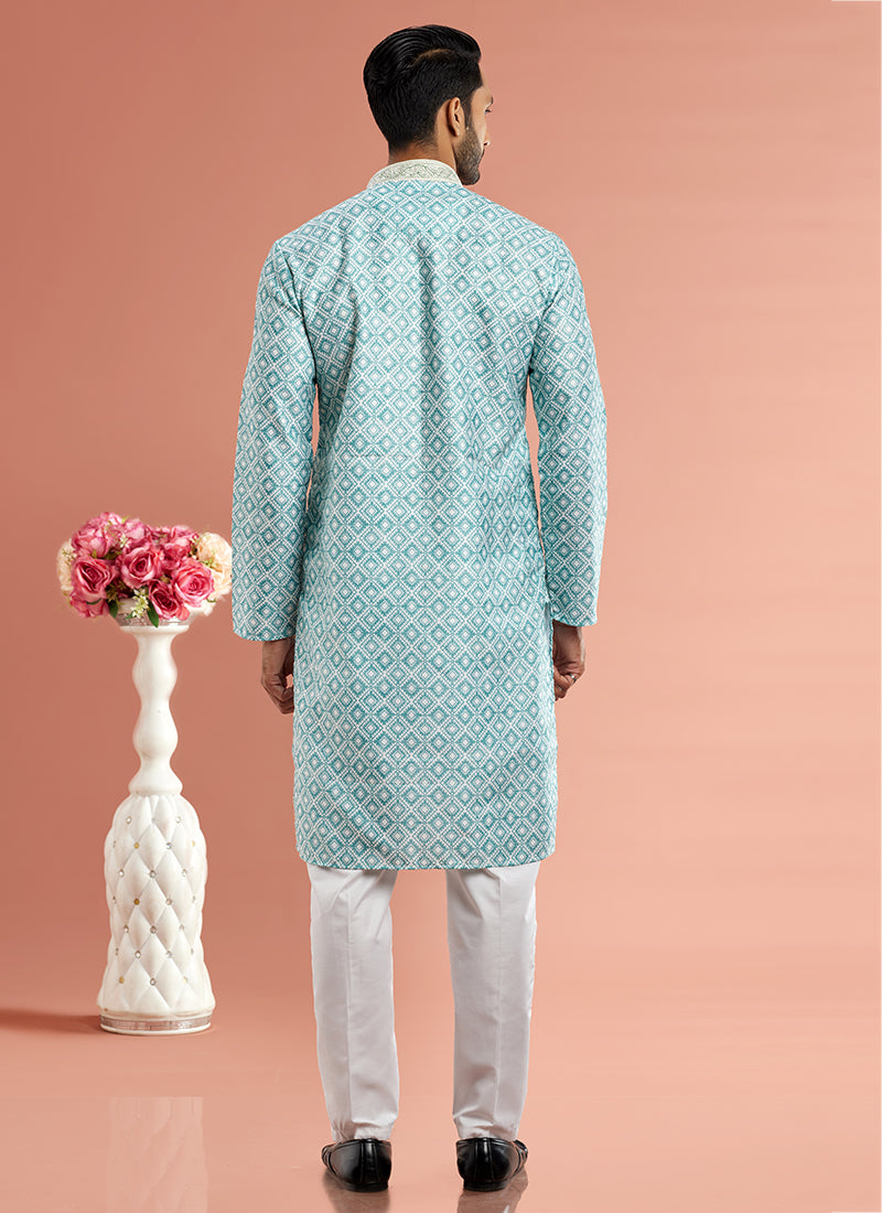 Art Cotton Silk Pista Green Traditional Wear Thread Work Kurta Pajama