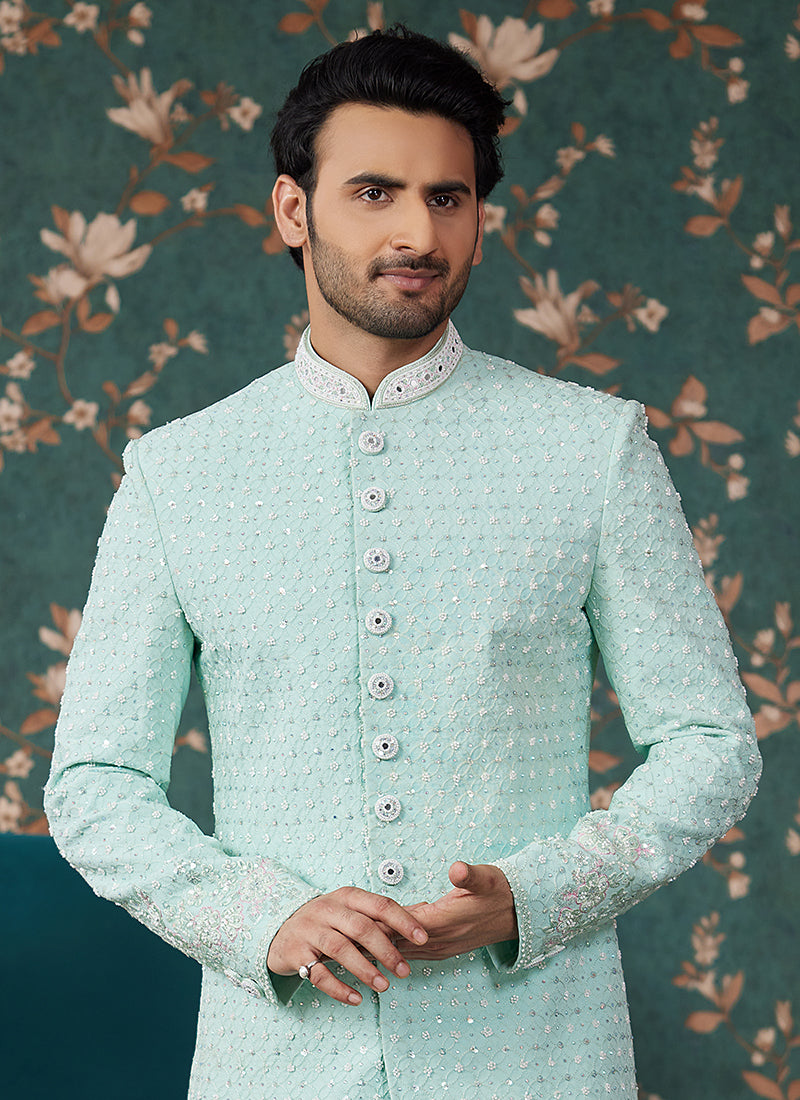 Art Silk Pista Green Groom Wear Thread Work Readymade Sherwani