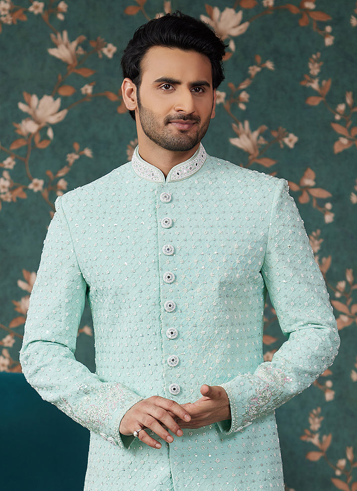 Art Silk Pista Green Groom Wear Thread Work Readymade Sherwani