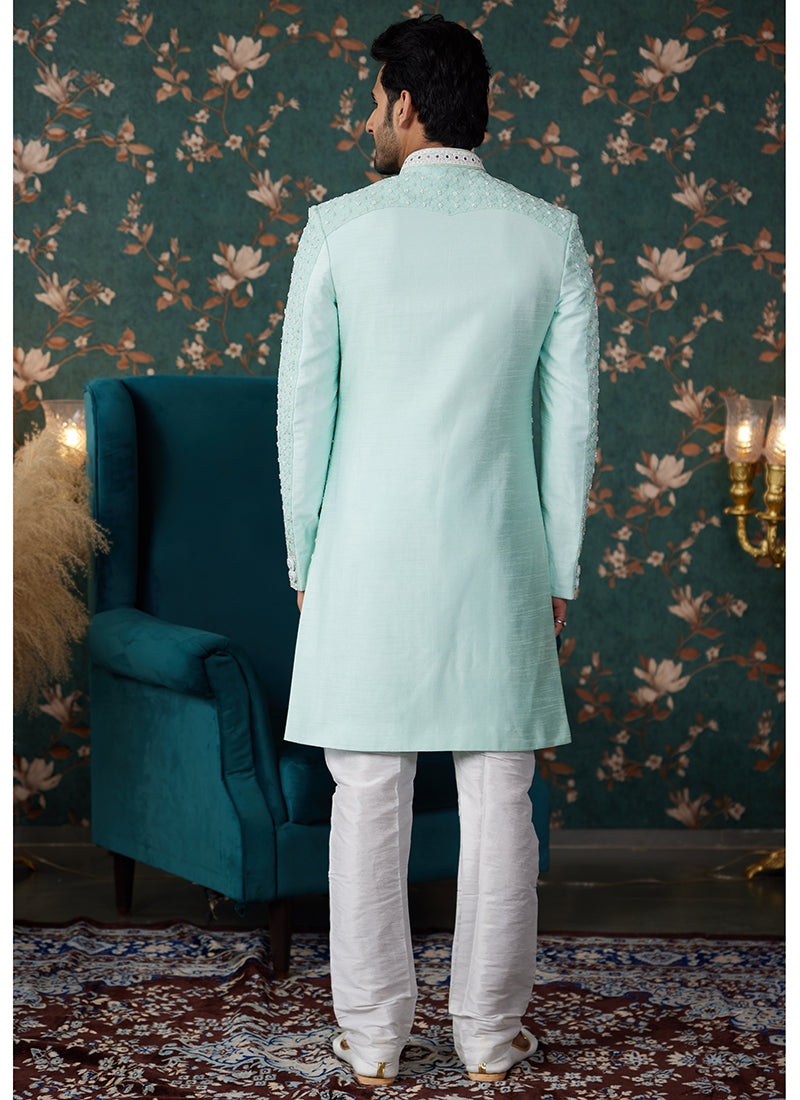 Art Silk Pista Green Groom Wear Thread Work Readymade Sherwani