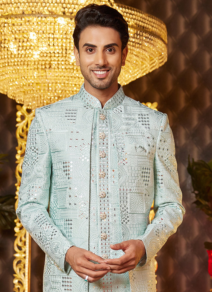 Art Silk Pista Green Wedding Wear Thread Work Readymade Indo Western Sherwani