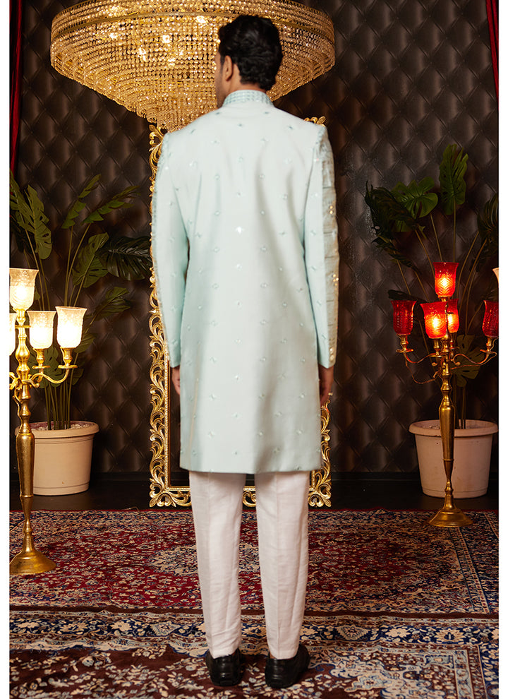 Art Silk Pista Green Wedding Wear Thread Work Readymade Indo Western Sherwani