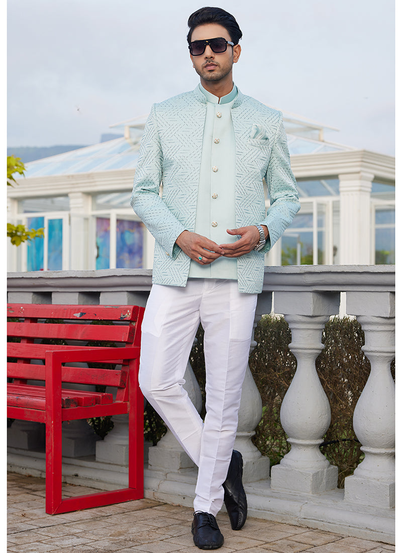 Art Silk Pista Green Wedding Wear Thread Work Readymade Jodhpuri Suit(Top Only)