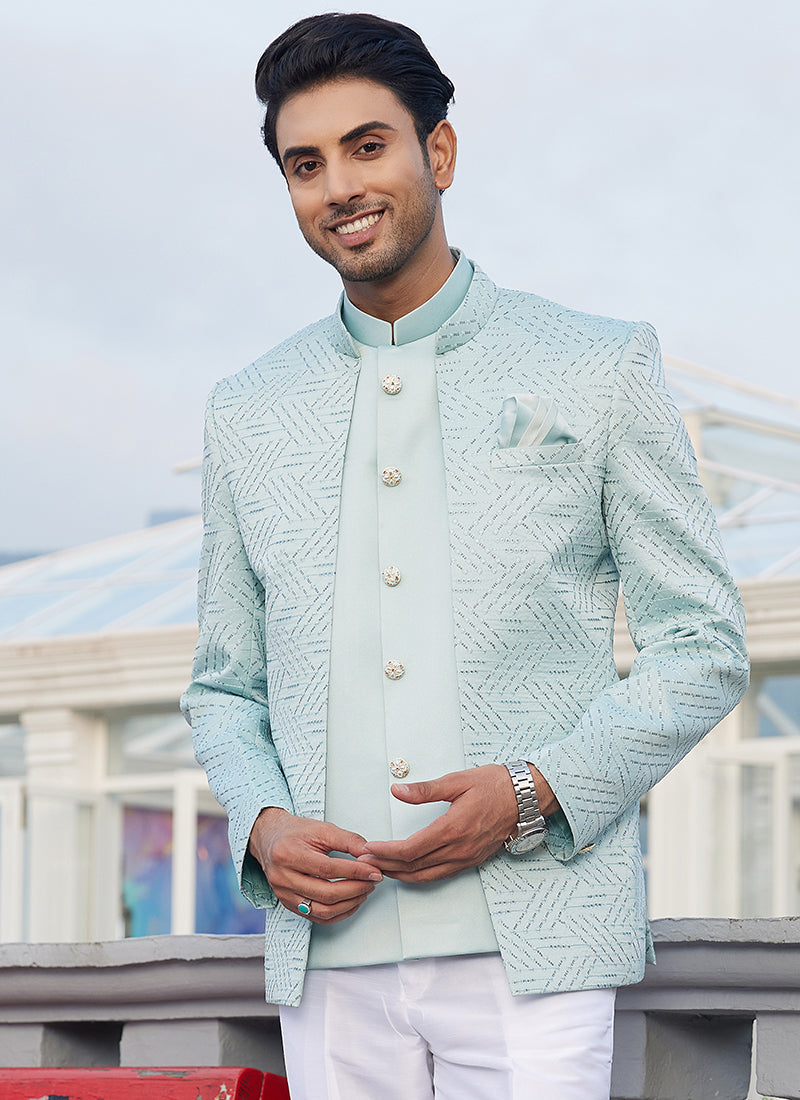 Art Silk Pista Green Wedding Wear Thread Work Readymade Jodhpuri Suit(Top Only)