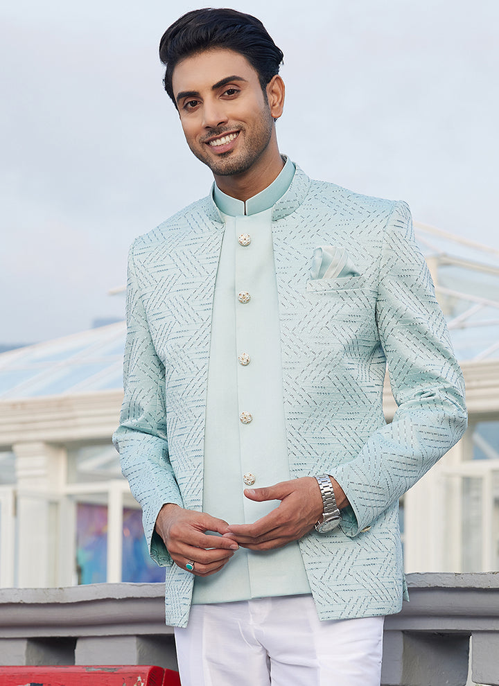 Art Silk Pista Green Wedding Wear Thread Work Readymade Jodhpuri Suit(Top Only)