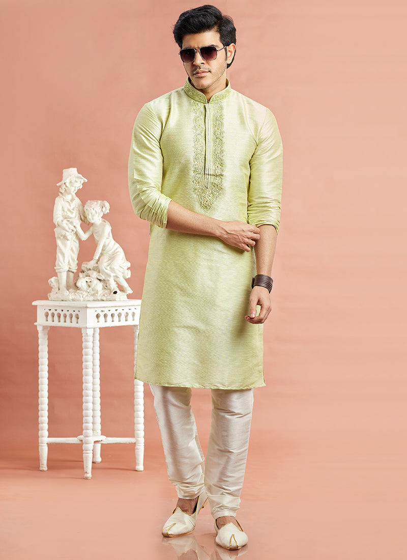 Banarasi Art Silk Pista Green Festival Wear Machine Work Readymade Kurta Pajama