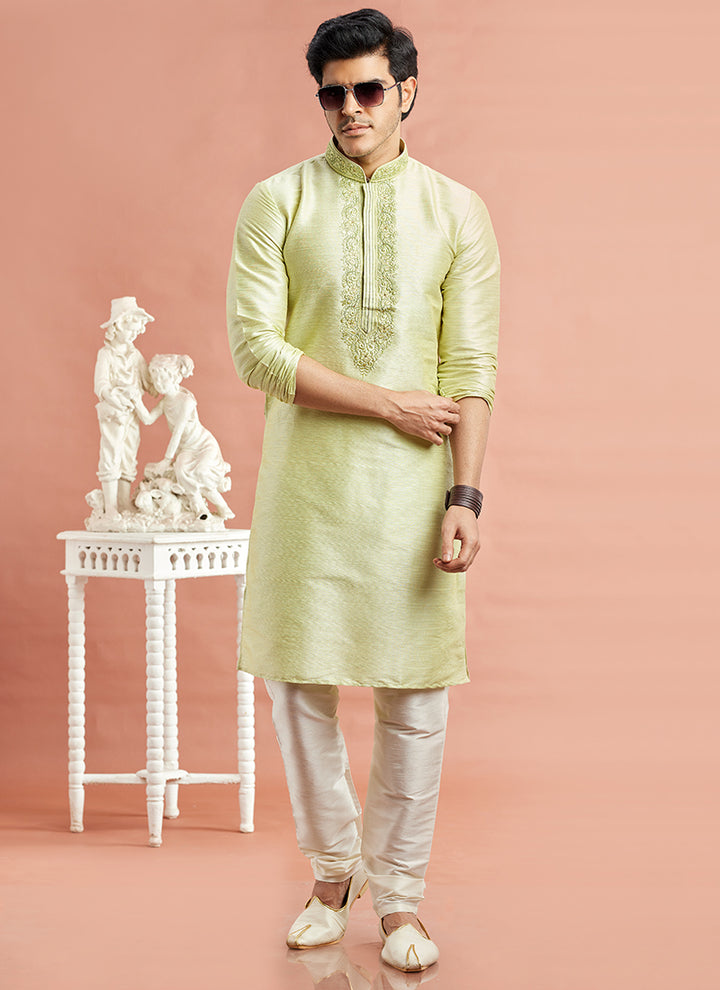 Banarasi Art Silk Pista Green Festival Wear Machine Work Readymade Kurta Pajama