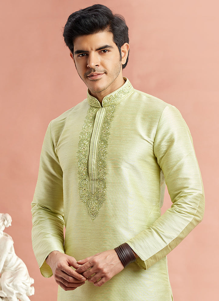 Banarasi Art Silk Pista Green Festival Wear Machine Work Readymade Kurta Pajama