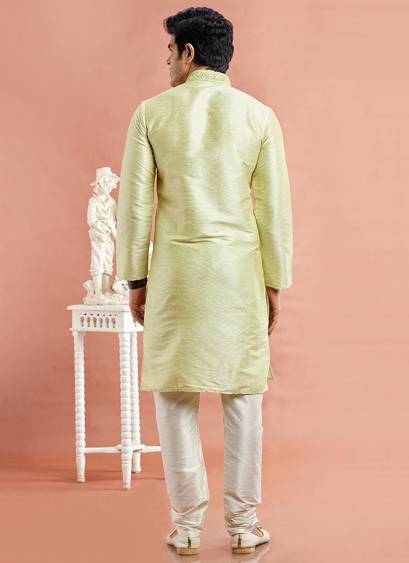 Banarasi Art Silk Pista Green Festival Wear Machine Work Readymade Kurta Pajama