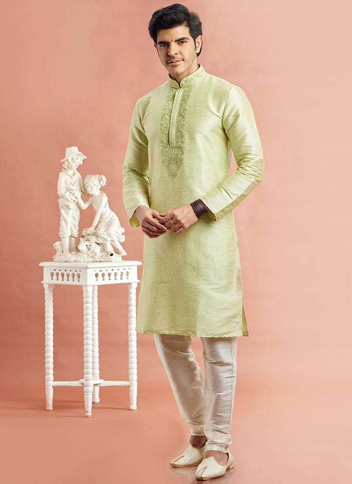 Banarasi Art Silk Pista Green Festival Wear Machine Work Readymade Kurta Pajama