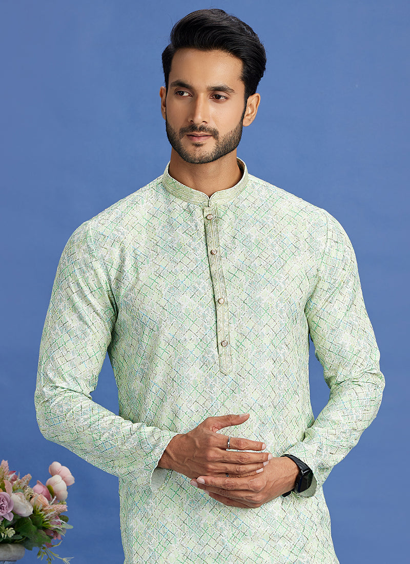 Cotton Pista Green Festival Wear Embroidery Work Kurta Pajama