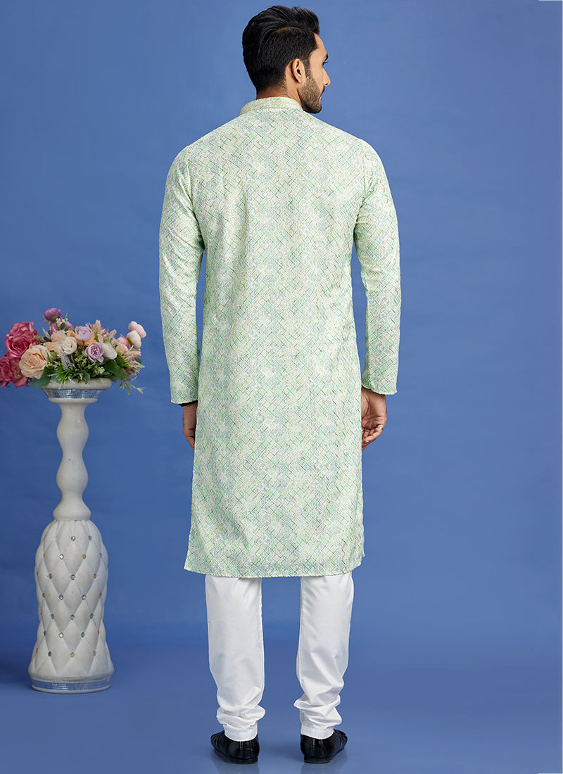 Cotton Pista Green Festival Wear Embroidery Work Kurta Pajama