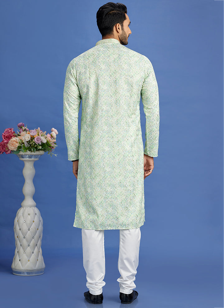 Cotton Pista Green Festival Wear Embroidery Work Kurta Pajama