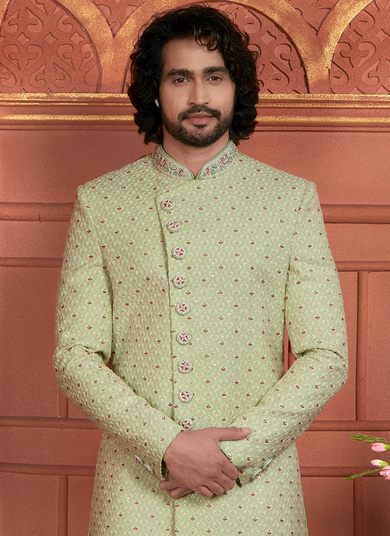 Dhupion Art Silk Pista Green Wedding Wear Thread Work Readymade Sherwani