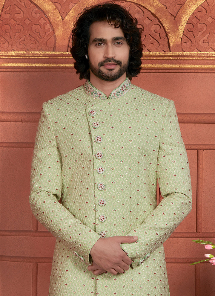 Dhupion Art Silk Pista Green Wedding Wear Thread Work Readymade Sherwani