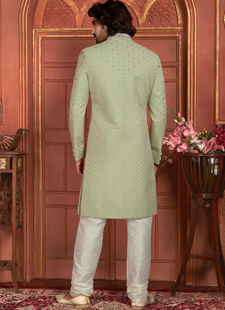 Dhupion Art Silk Pista Green Wedding Wear Thread Work Readymade Sherwani