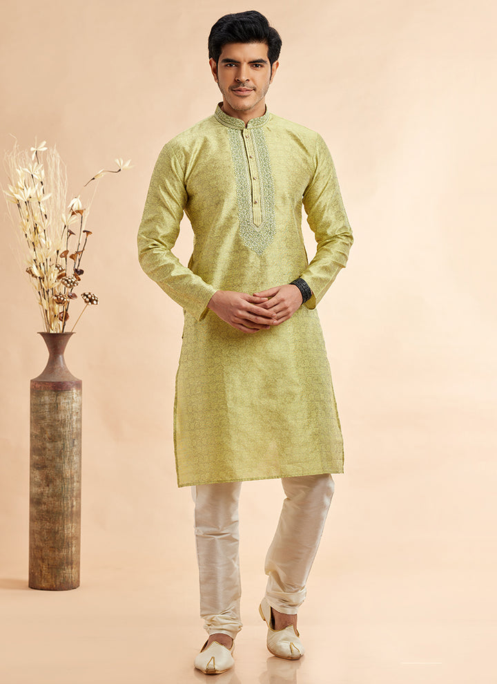 Jacquard Art Silk Pista Green Festival Wear Machine Work Readymade Kurta Pajama