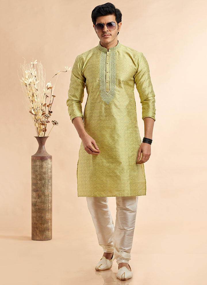 Jacquard Art Silk Pista Green Festival Wear Machine Work Readymade Kurta Pajama