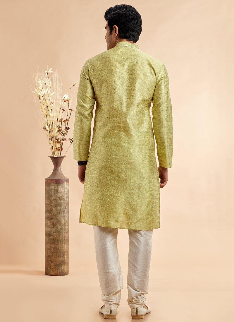 Jacquard Art Silk Pista Green Festival Wear Machine Work Readymade Kurta Pajama