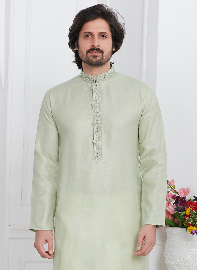 Linen Cotton Pista Green Traditional Wear Thread Work Kurta Pajama