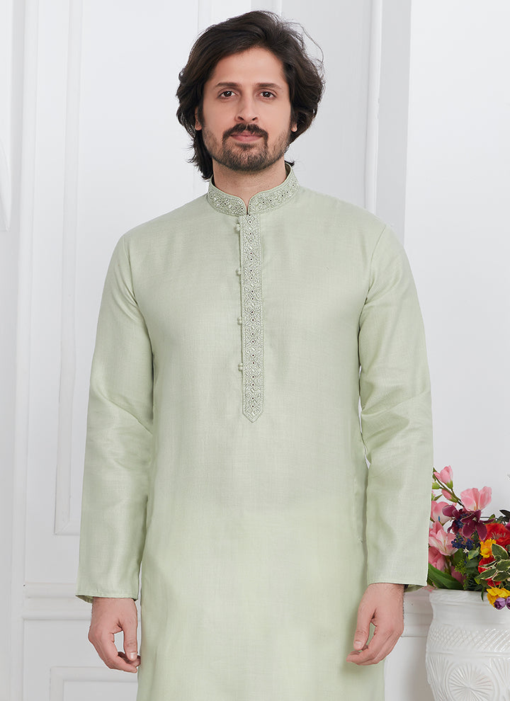 Linen Cotton Pista Green Traditional Wear Thread Work Kurta Pajama