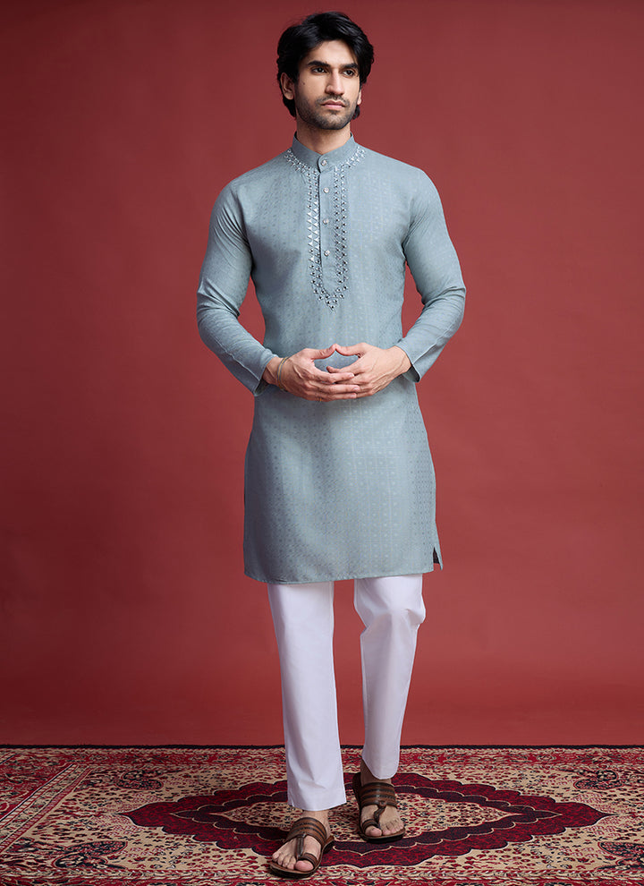 Viscose Pista Green Ceremonial Wear Mirror Work Readymade Kurta