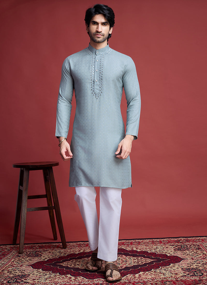 Viscose Pista Green Ceremonial Wear Mirror Work Readymade Kurta