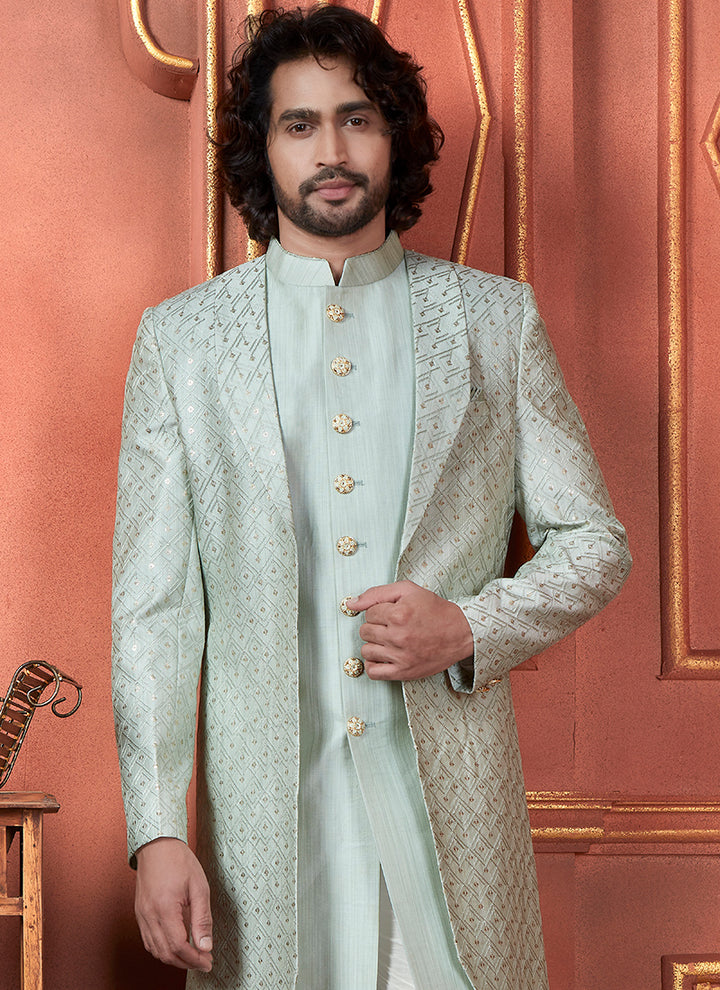 Silk Pista Green Wedding Wear Computer Thread Readymade Sherwani Set