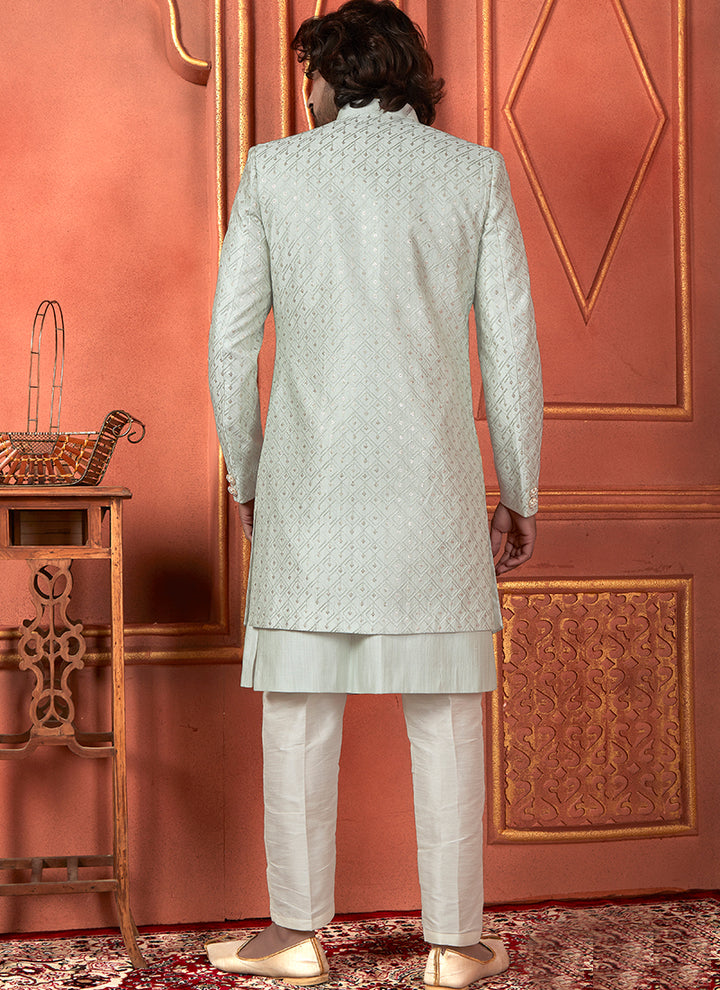 Silk Pista Green Wedding Wear Computer Thread Readymade Sherwani Set