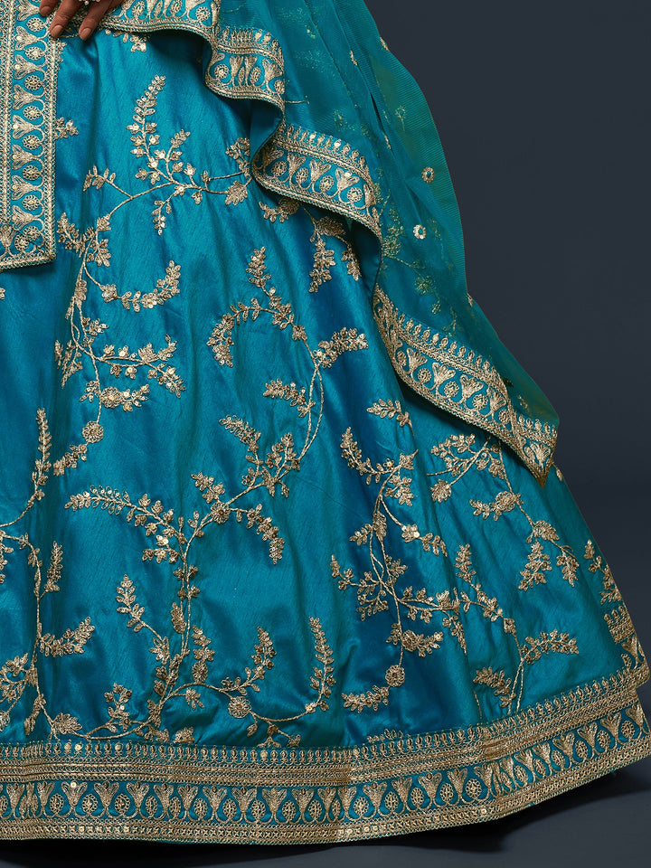 Pleasant Teal Blue Thread Embroidery Art Silk Wedding Lehenga Choli