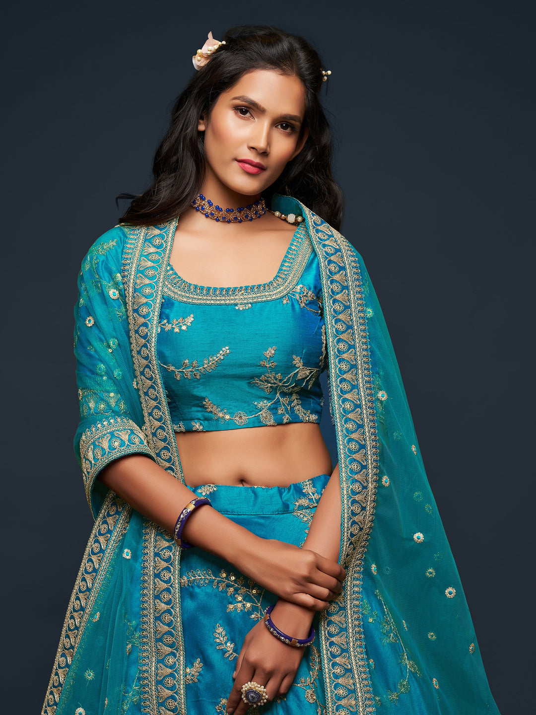 Pleasant Teal Blue Thread Embroidery Art Silk Wedding Lehenga Choli